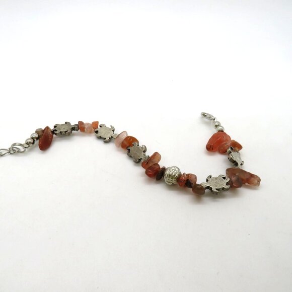 Carnelian Stone Chips Silver Bracelet Sea Turtle Silver Tone Charms - Picture 6 of 7